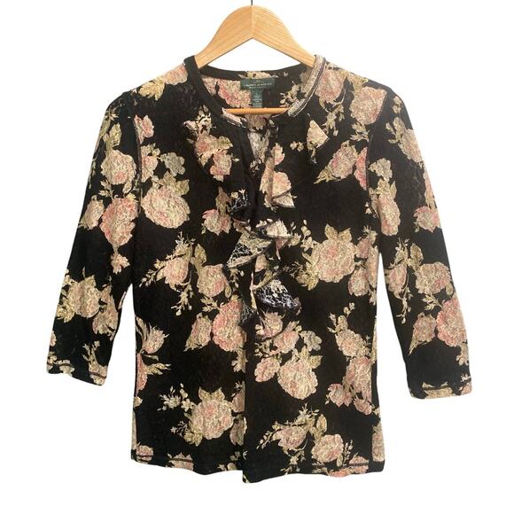 Lauren Ralph Lauren Tops - Lauren Jeans Co. Floral Lace Top Black Pink Rose Dark Romantic Ruffle Blouse